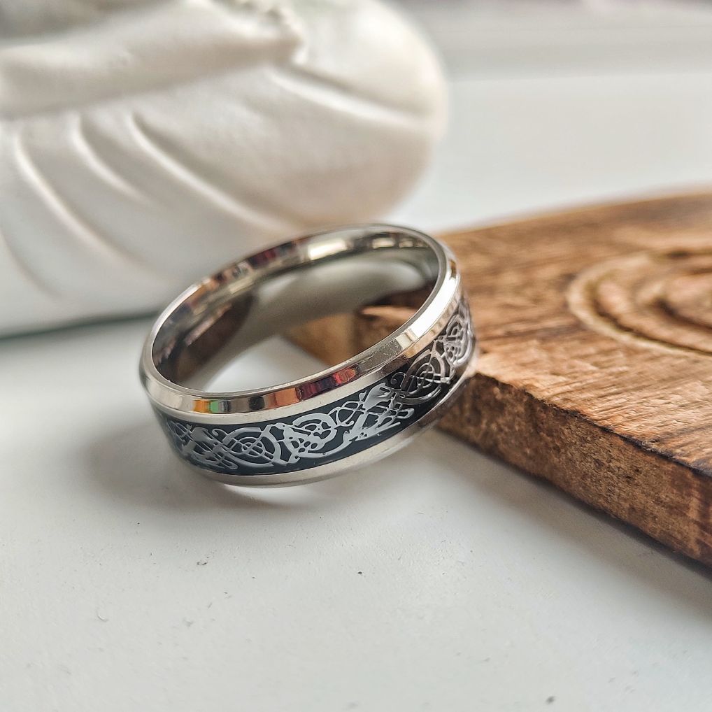Tungsten Dragon Unisex Pattern Steel Thick cuff silver band ring