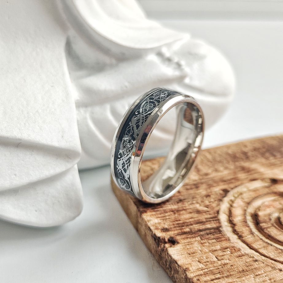 Tungsten Dragon Unisex Pattern Steel Thick cuff silver band ring