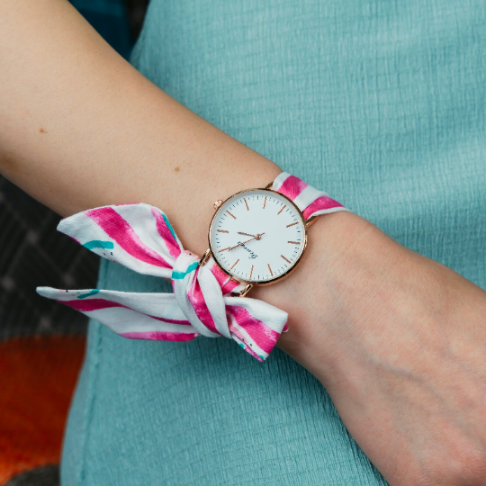 Pink Watermelon Print Changeable Fabric Strap Boho Women Wristwatch