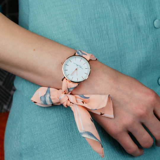 Pink Peach Swan Changeable Fabric Strap Knot Tie Boho Wristwatch