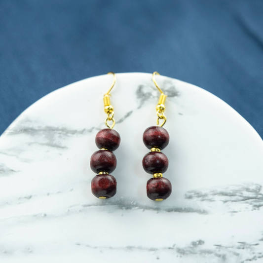 Three Red Sandalwood Lightweight Pearl Drop Simple Dangle Hook Earrings