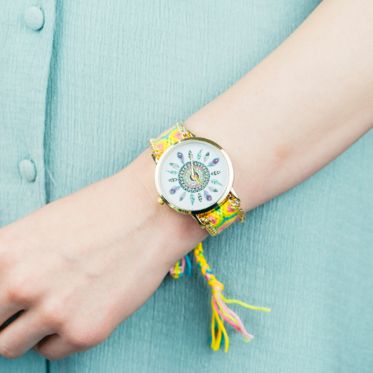 Boho Mandala Art Bohemian Jute Knitted Strap Bracelet Wrist Watch