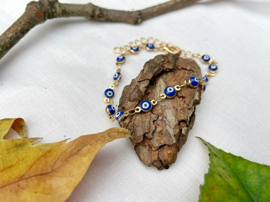 Golden Blue Evil Eye Minimalist Adjustable Protection Beaded Turkish Anklet