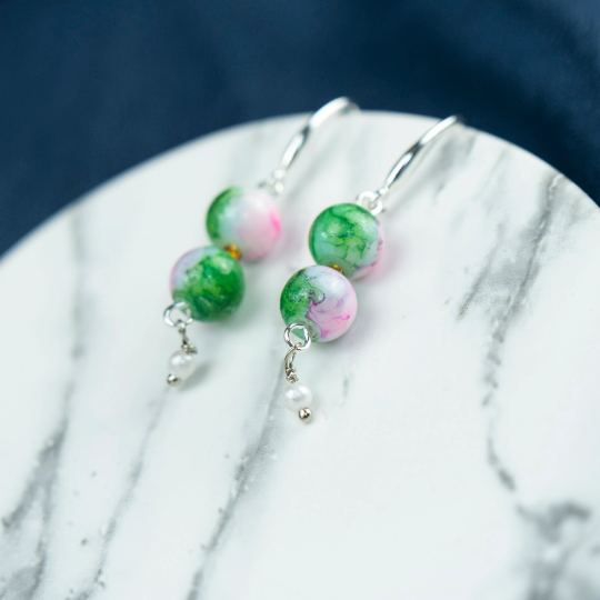 Colourful Green Double Marble Pearl Double Simple Pearl Dangle Dainty Earrings