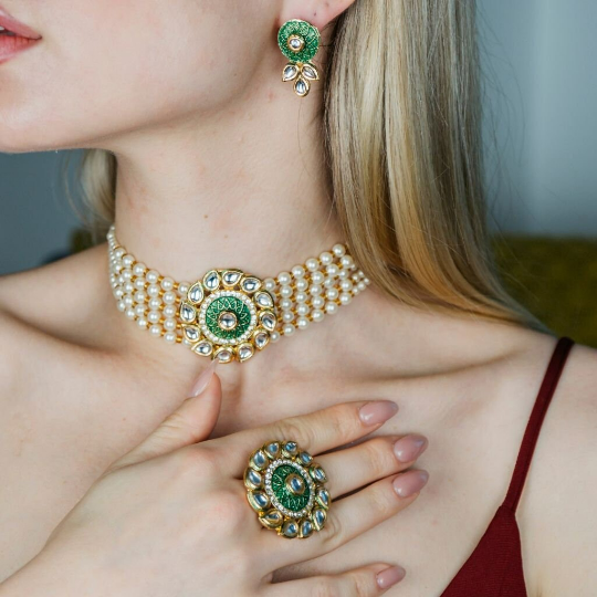Three Layer White Pearl Green Stone Kundan Indian Asian Diana Bridal Choker Set