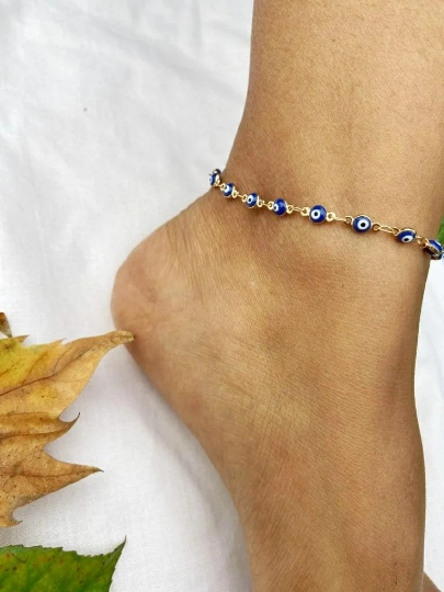 Golden Blue Evil Eye Minimalist Adjustable Protection Beaded Turkish Anklet (Close-up Detail) | The Colourful Aura
