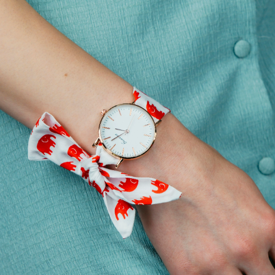 Red Elephant Print Changeable Fabric Strap Boho Tie Wristwatch