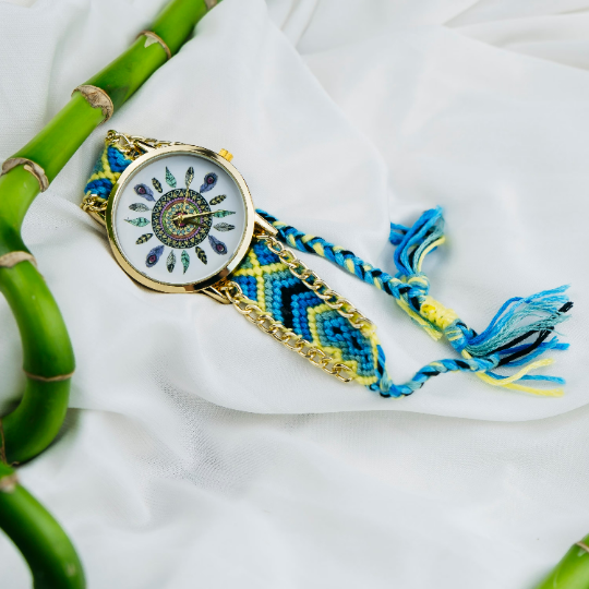 Boho Mandala Art Bohemian Jute Knitted Strap Bracelet Wrist Watch