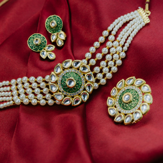Three Layer White Pearl Green Stone Kundan Indian Asian Diana Bridal Choker Set