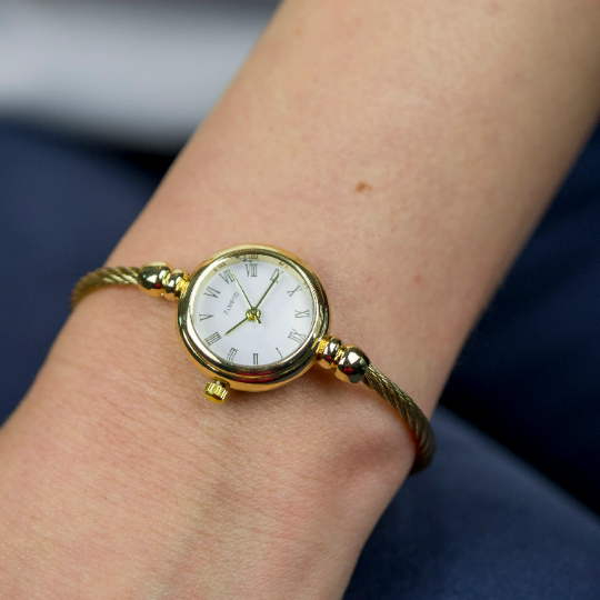 Rose Gold Stainless Steel Roman White Dial Bangle Adjustable Bracelet Watch (Close-up Detail) | The Colourful Aura