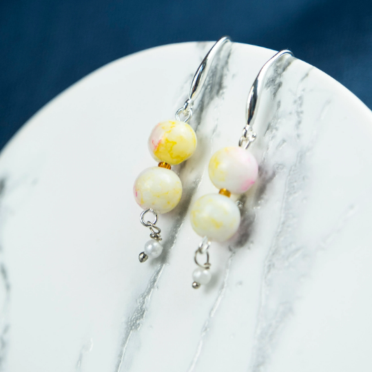 Colourful White Double Marble Pearl Double Simple Pearl Dangle Dainty Earrings