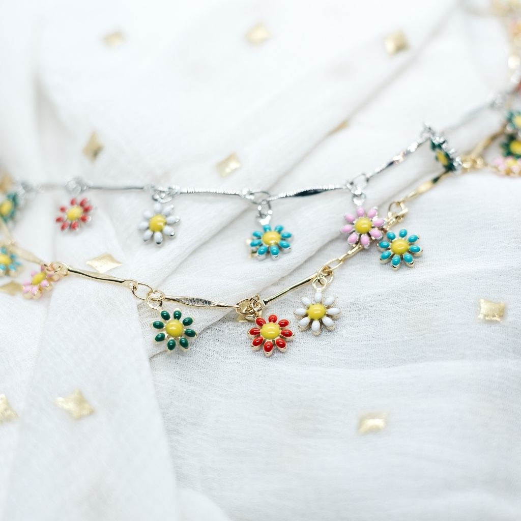 Colourful Rainbow Flower  Indie Boho Daisy Charms Dangle Choker Summer Necklace