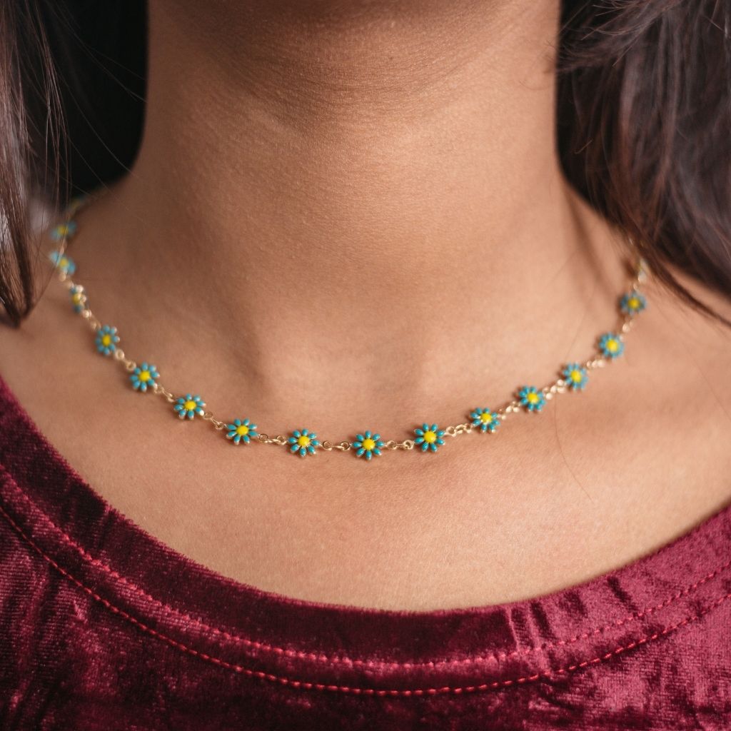 Turquoise Colourful Yellow Flower Charm Indie Boho Daisy Choker Summer (Close-up Detail) | The Colourful Aura