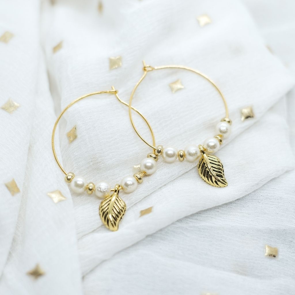 Gold Plated 30mm White Beaded Dangle Leaf Charm Huggie DaintyHoop Earring