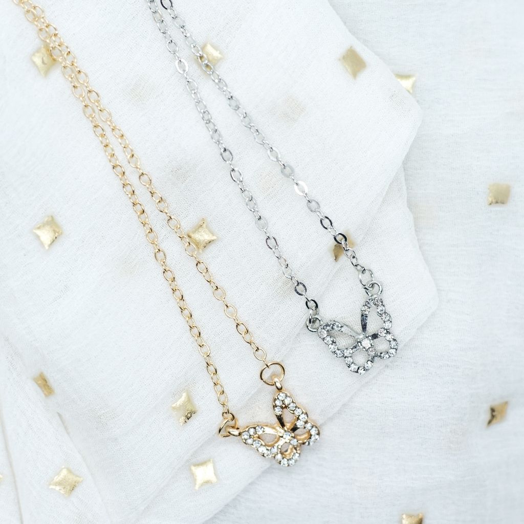 Silver and Gold Sparkly Dainty Butterfly Minimalistic Pendant Necklace — Boho Jewellery UK | The Colourful Aura