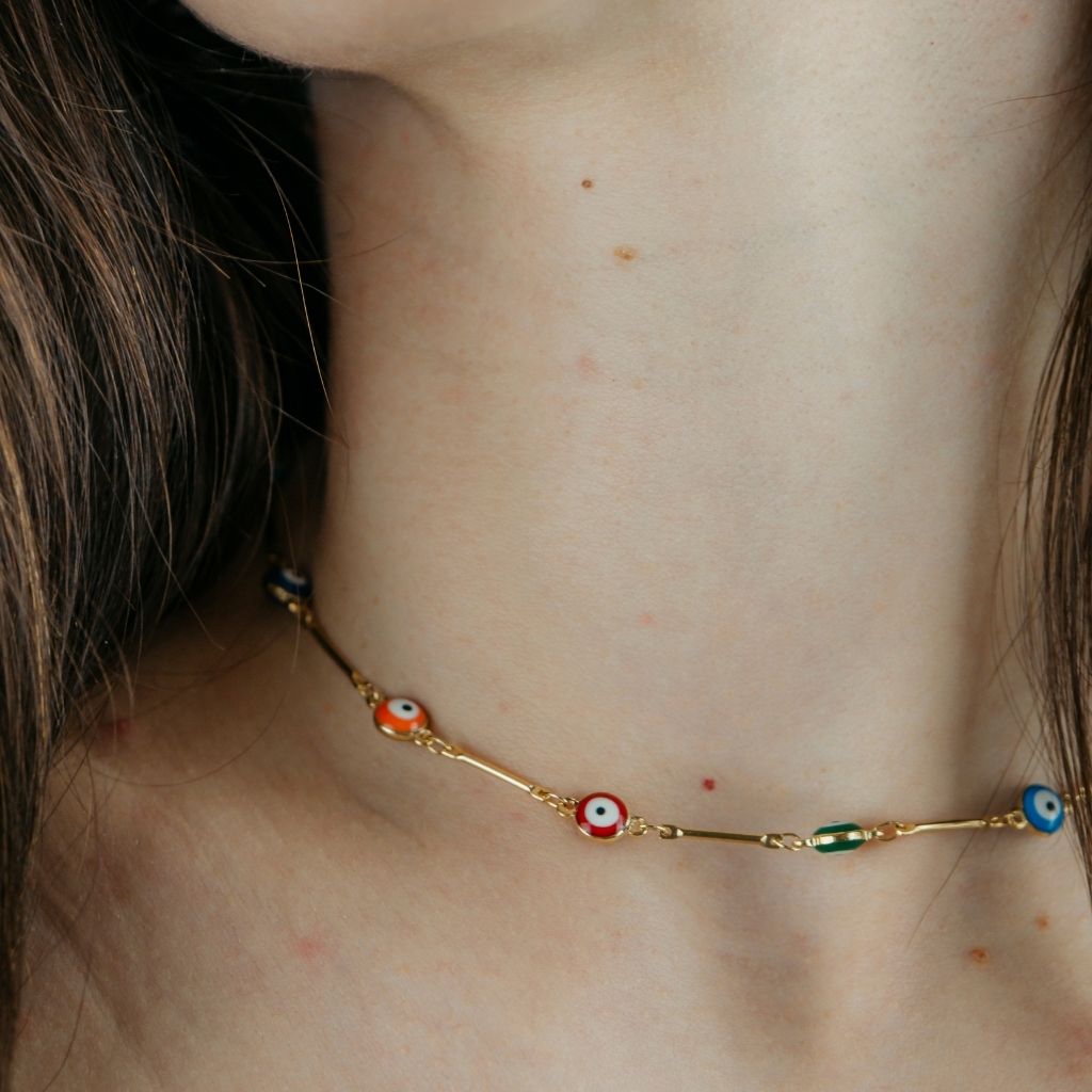 Multicolour Gold and Silver Evil Eye Charm Choker Protection Necklace