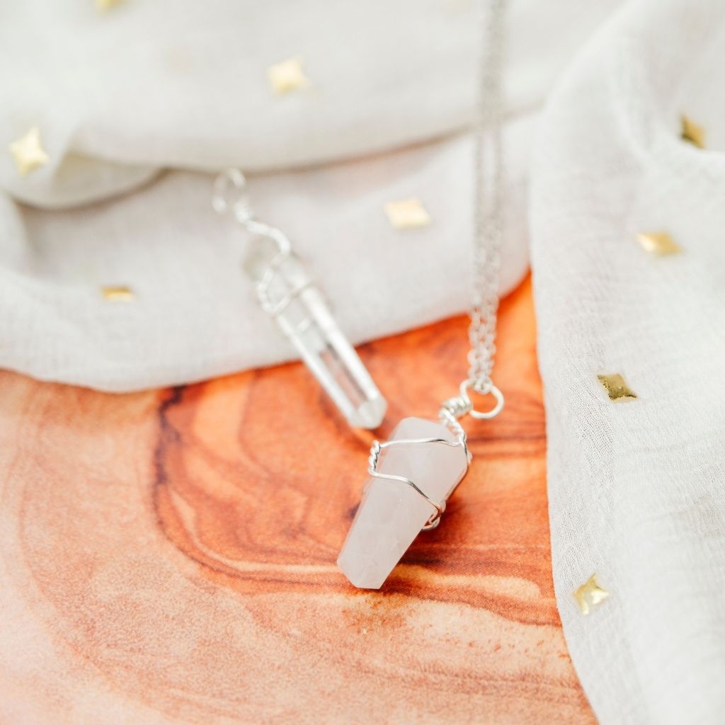 Clear Quartz Crystal Point Pillar Wire Wrapped Natural Stone Pencil Pendant Necklace