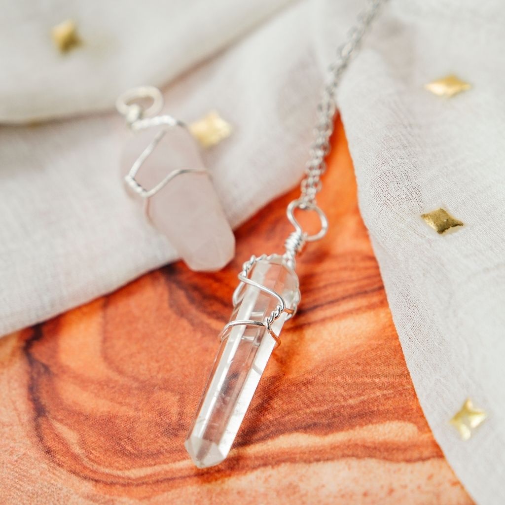 Clear Quartz Crystal Point Pillar Wire Wrapped Natural Stone Pencil Pendant Necklace