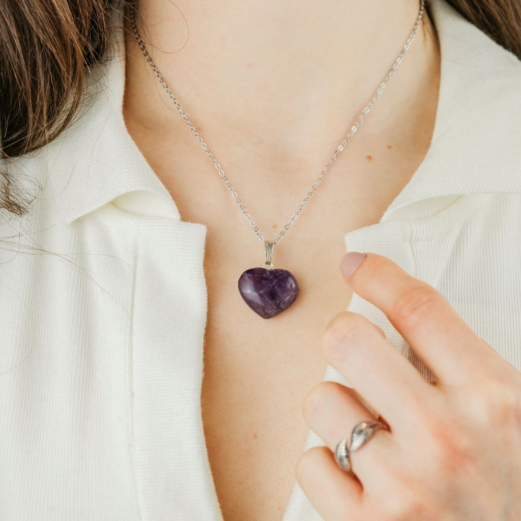 Purple Amethyst Amazonite Green Rose Quartz Heart Shape Pendant Necklace