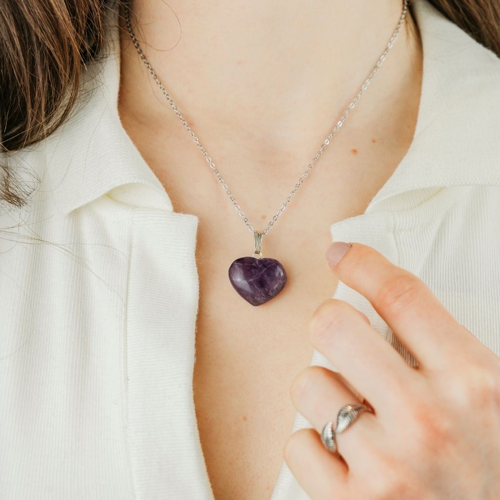 Rose Quartz Crystal Amazonite Green White Purple Heart Shape Pendant Necklace