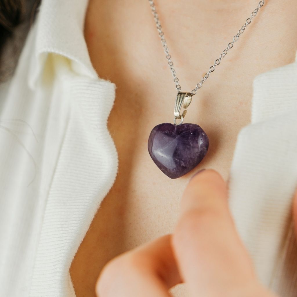 Purple Amethyst Amazonite Green Rose Quartz Heart Shape Pendant Necklace
