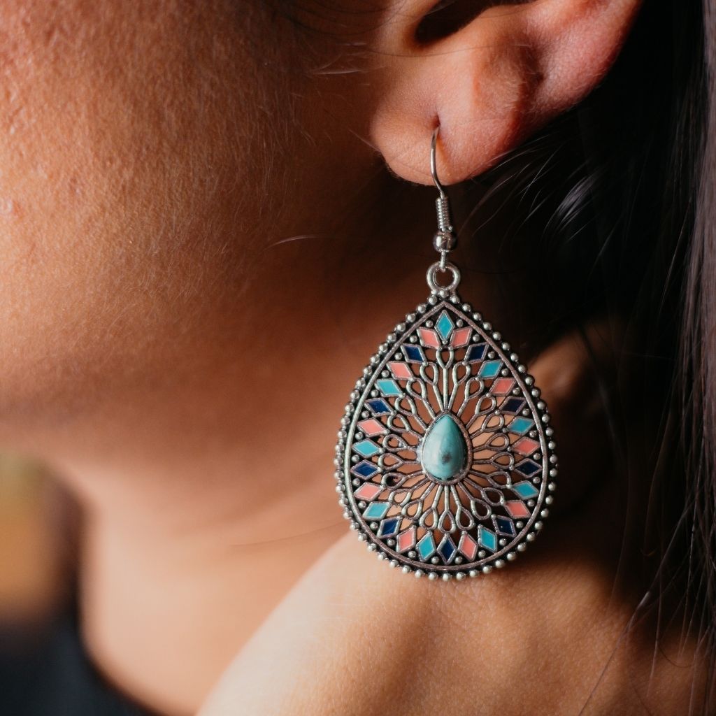 Large Mandala Floral Enamel Indian Teardrop Vintage Boho Drop Ethnic Dangler — Boho Jewellery UK | The Colourful Aura