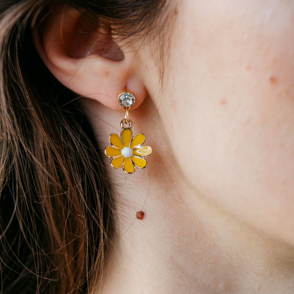 Yellow Daisy Sun Flower Zircon Dangle Drop Summer Floral Handmade Stud Earrings