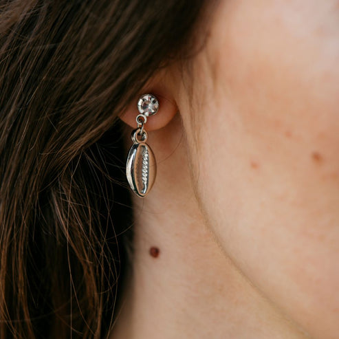 Silver Cowrie Sea Shell Zircon Studs Earrings