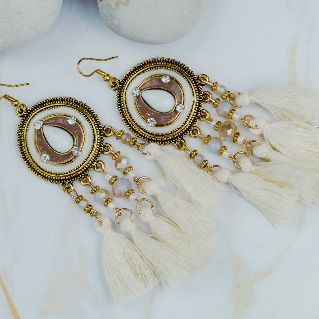 Long Round Enamel White Tassel Indian Boho Drop Ethnic Dangle Bridal Earring