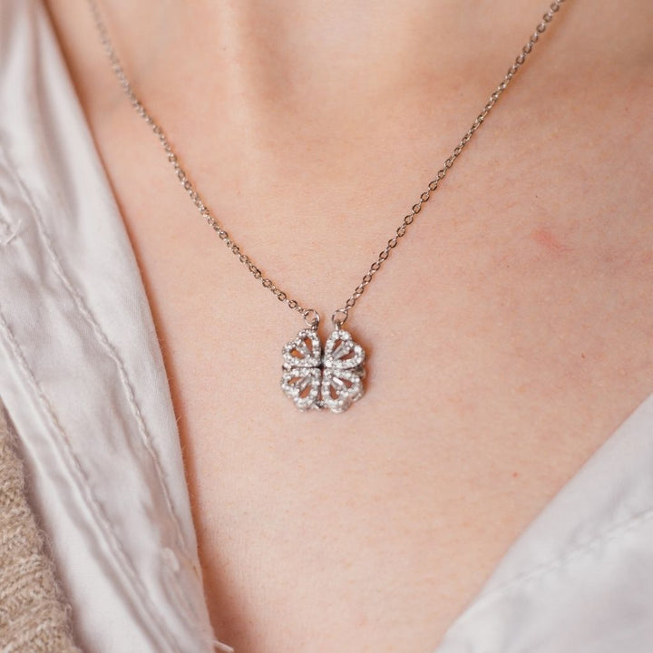 Silver Four Heart Crystal Clover Flower Magnet Foldable Pendant Necklace (Close-up Detail) | The Colourful Aura