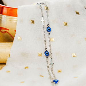Blue Evil Eye Sideways Cross Necklace Minimalist Choker Dainty Protection Choker (Close-up Detail) | The Colourful Aura
