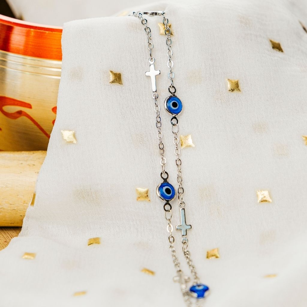 Blue Evil Eye Sideways Cross Necklace Minimalist Choker Dainty Protection Choker (Close-up Detail) | The Colourful Aura