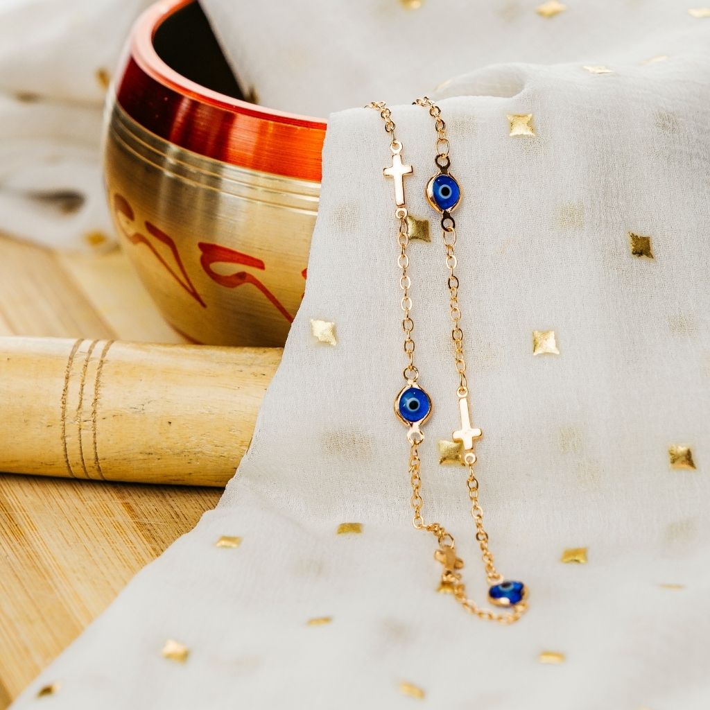 Blue Evil Eye Sideways Cross Necklace Minimalist Choker Dainty Protection Choker (Close-up Detail) | The Colourful Aura