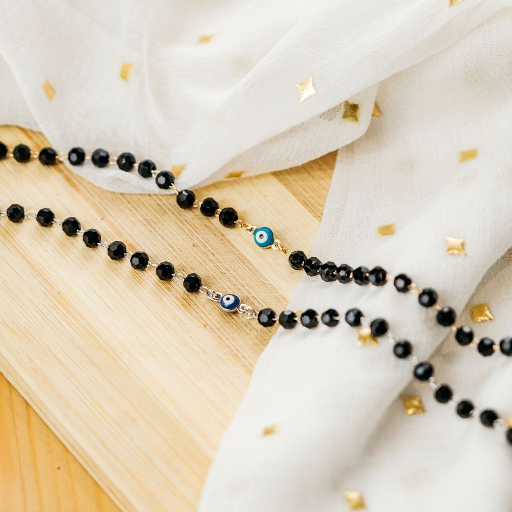 Gold Plated Evil Eye Charm Mangalsutra Black Beaded Indian Nazar Bracelet