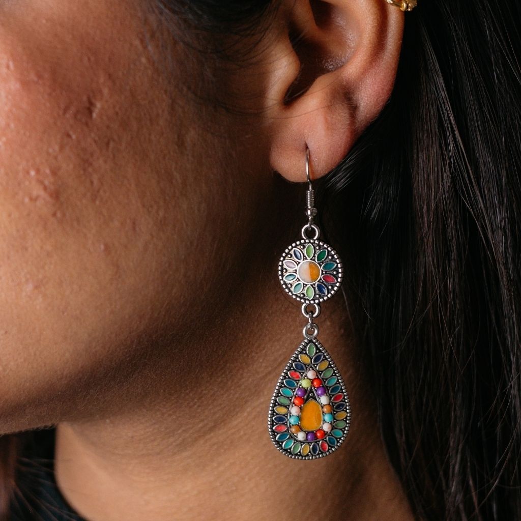 Long Mandala Water Drop Colourful Floral Enamel Indian Triangle Ethnic Danglers — Boho Jewellery UK | The Colourful Aura