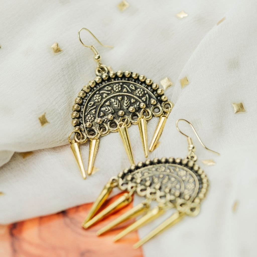 Gold Semicircular Intricate Oxidized Indian Asian Boho Drop Ethnic Tribal Jhumka