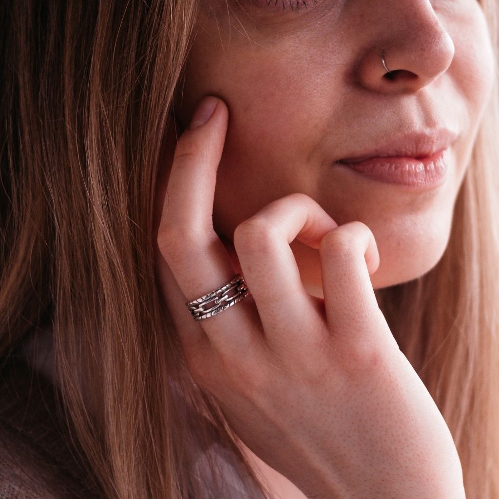 Adjustable Silver Chain Band Thick Unisex Open Statement Ring