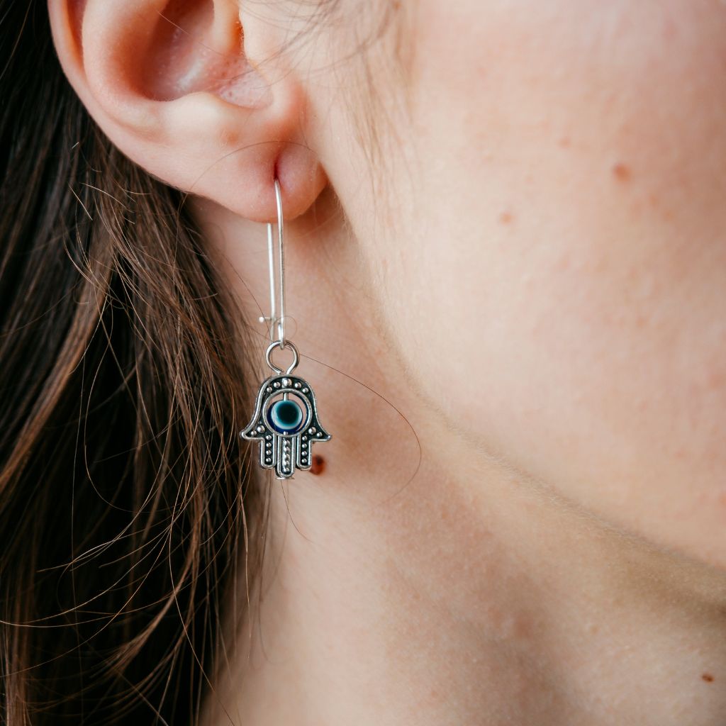 Long Silver Evil Eye Dainty Fatima Hand Hamsa Huggie Latch Back Boho Earrings — Boho Jewellery UK | The Colourful Aura