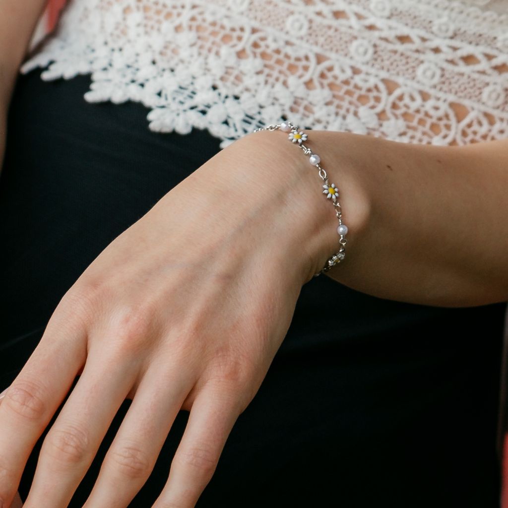 Silver Sun Flower Pearl Charms Beaded Summer Indie Boho Daisy Floral Bracelet