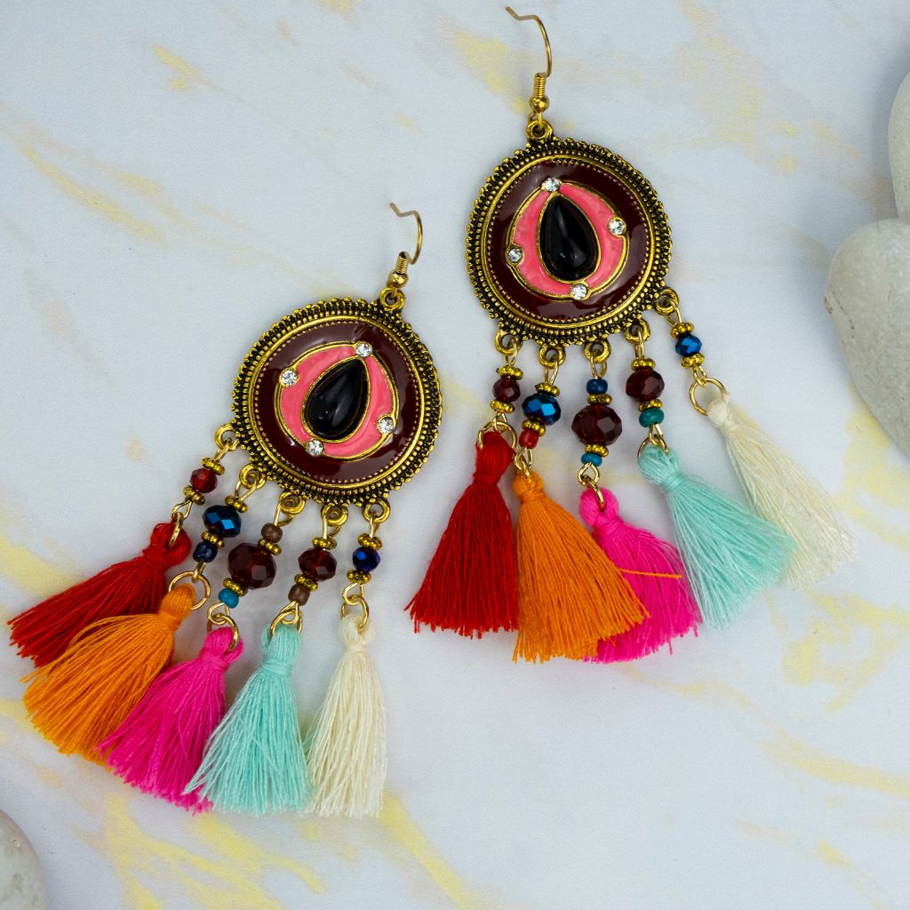 Long Round Enamel Black Tassel Indian Boho Drop Ethnic Dangle Bridal Earrings