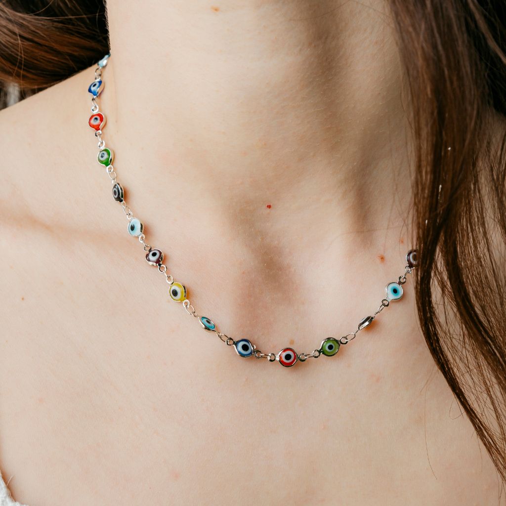 Silver Evil Eye Protection Nazaria Greek Mal De Ojo Adjustable Choker Necklace — Boho Jewellery UK | The Colourful Aura