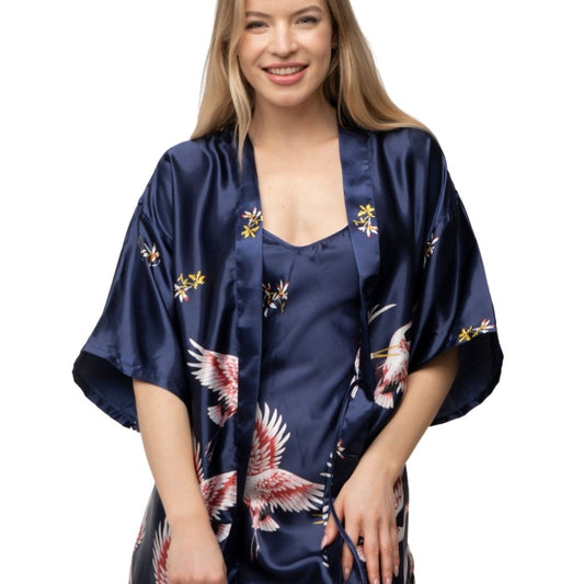 2 Pcs Robe Set Bride Belted Lace Kimono Satin Nightwear Drop Shoulder Nighty