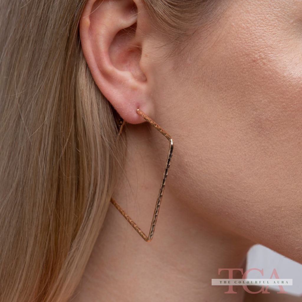 Silver Hammered Square Geometric Large Dainty Threader Statement Hoop Earrings