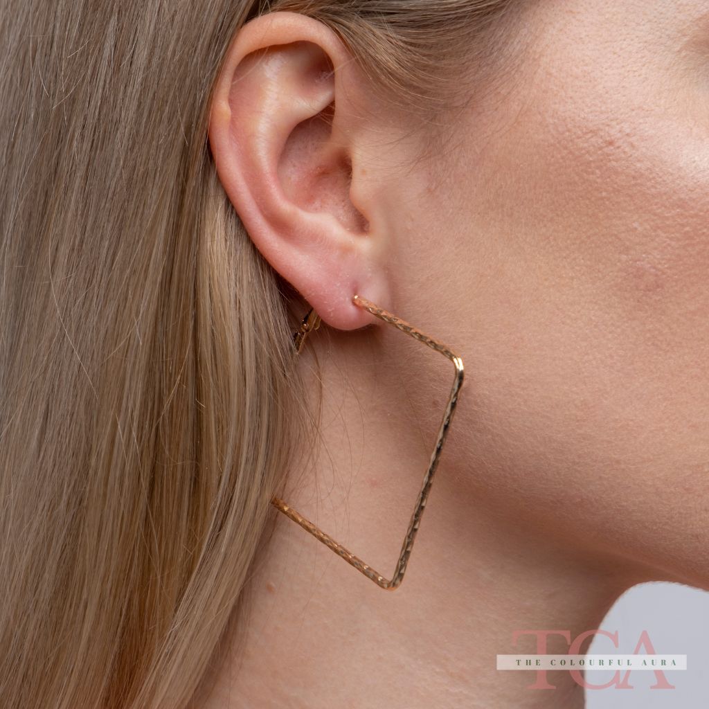 Silver Hammered Square Geometric Large Dainty Threader Statement Hoop Earrings