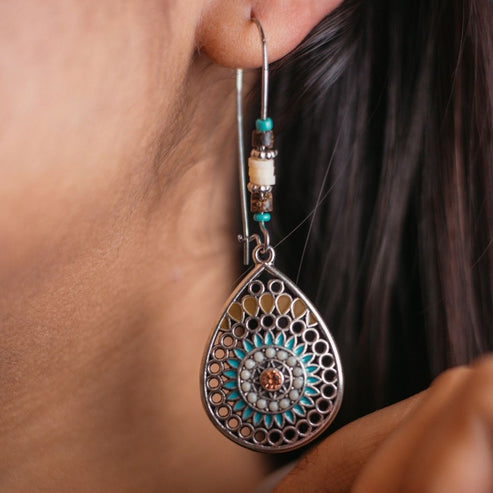 Long Mandala Floral Enamel Indian Triangle Danglers