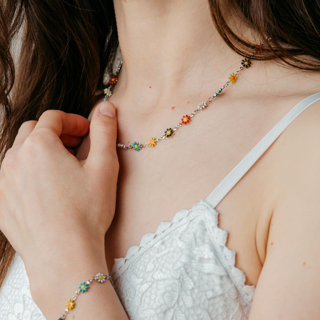Silver Colourful Daisy Sun Flower Charms Indie Summer Boho Choker Necklace