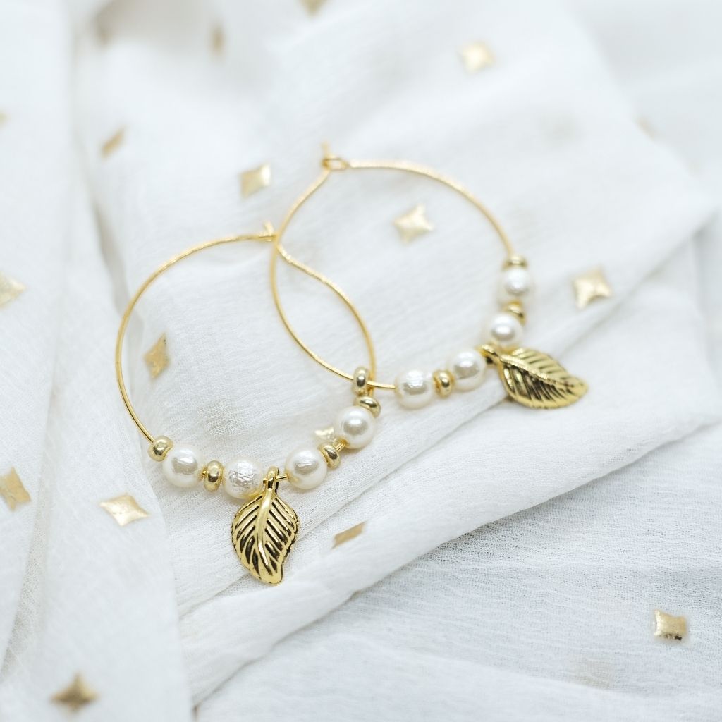 Gold Plated 30mm White Beaded Dangle Leaf Charm Huggie DaintyHoop Earring