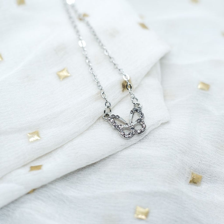 Silver and Gold Sparkly Dainty Butterfly Minimalistic Pendant Necklace (Close-up Detail) | The Colourful Aura