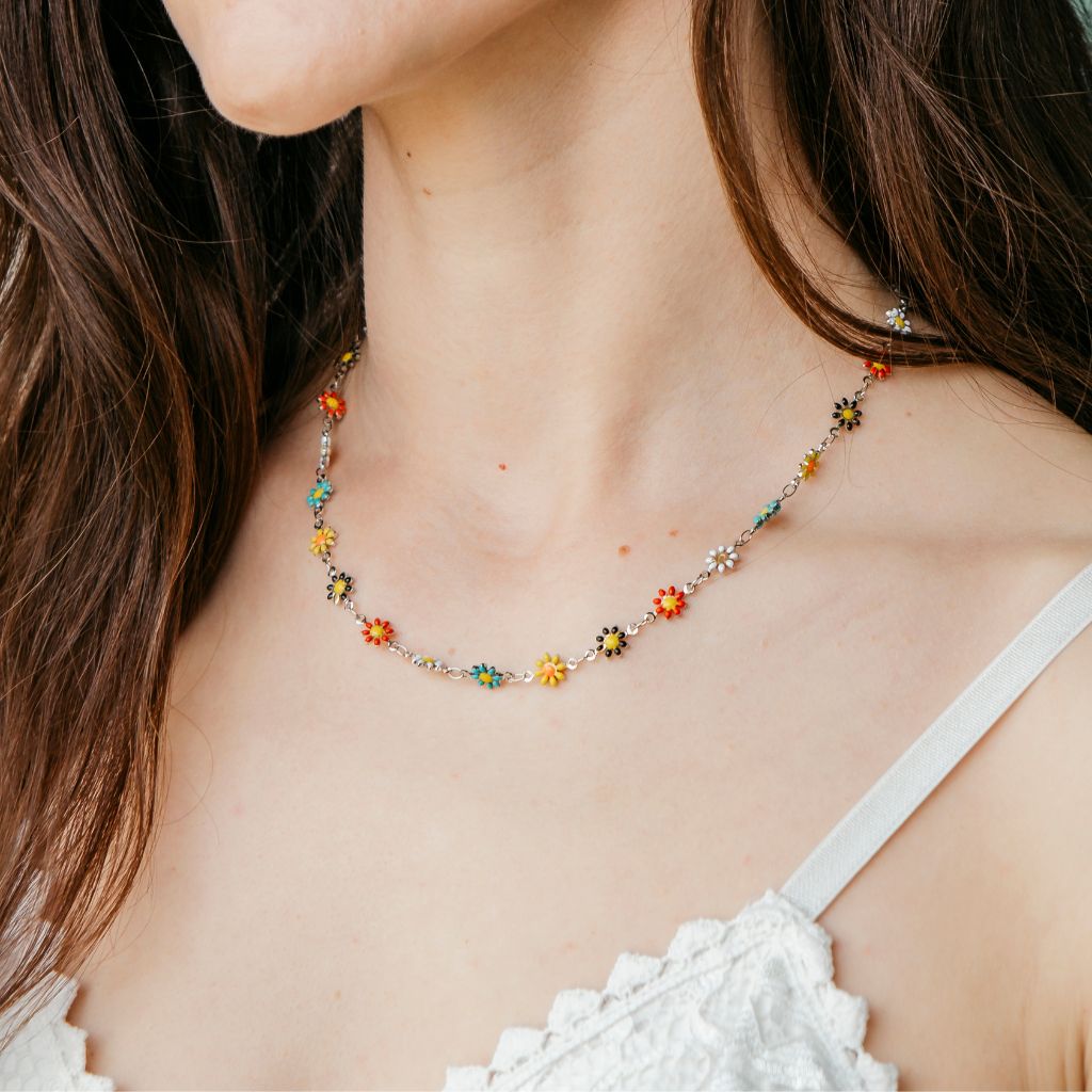 Silver Colourful Daisy Sun Flower Charms Indie Summer Boho Choker Necklace