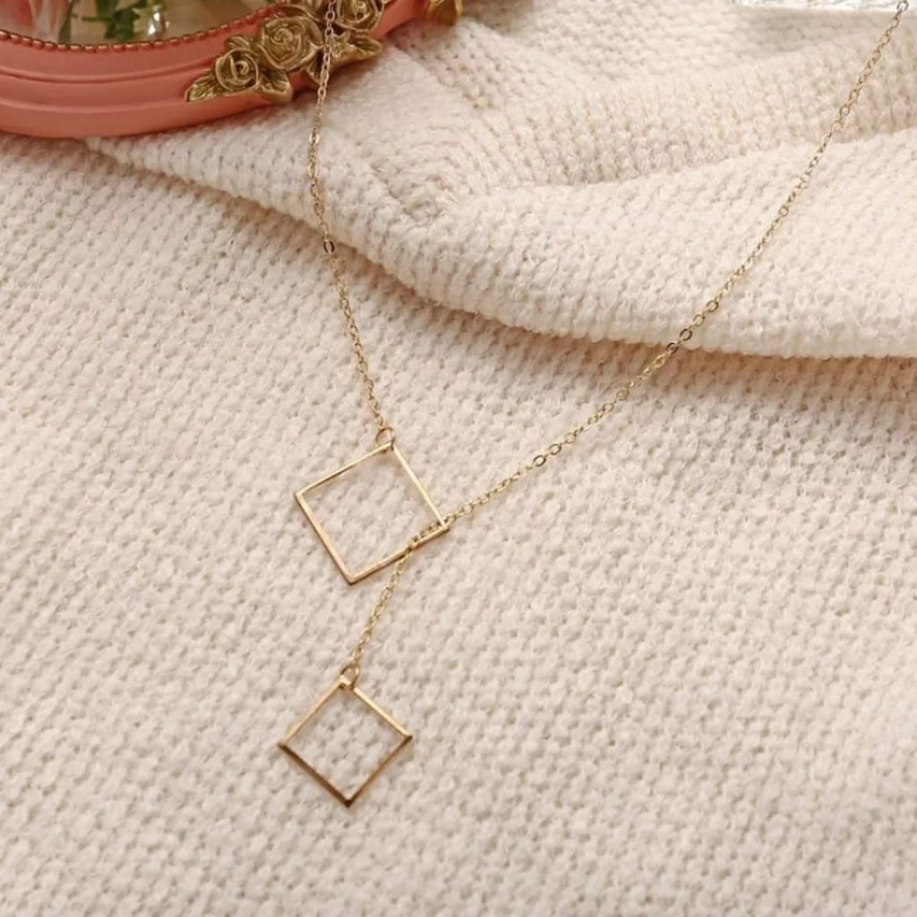 Two Square Drop Lariat Y Shape Interlock Rectangle Bar Lariat Drop Necklace
